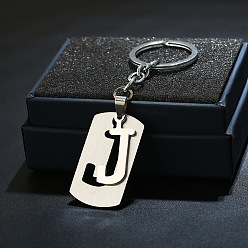 Letter J 201 porte-clés en acier inoxydable, porte-clés étiquette de chien, avec porte-clés en fer plaqué platine, rectangle avec lettre fractionnée, letter.j, 10.5 cm