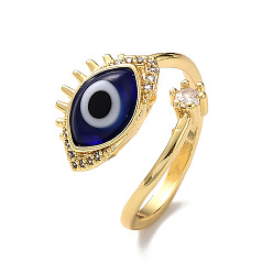 Темно-Синий Открытое кольцо-манжета сглаз лэмпворк с прозрачным кубическим цирконием, настоящие позолоченные украшения из латуни для женщин, темно-синий, внутренний диаметр: 18 мм