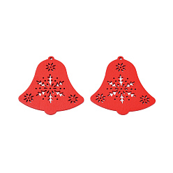 Red Christmas Theme Spray Painted Wood Big Pendants, Christmas Bell Charm with Hollow Snowflake, Red, 66x64.5x2mm, Hole: 3mm