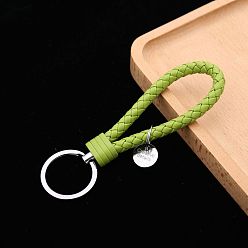 Yellow Green PU Leather Knitting Keychains, Wristlet Keychains, with Platinum Tone Plated Alloy Key Rings, Yellow Green, 12.5x3.2cm