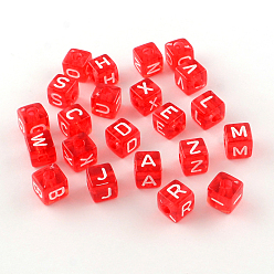 Rouge Perles européennes acryliques transparentes, lettres mixtes aléatoires, trou horizontal, grandes perles de cube de trous, rouge, 10x10x10mm, Trou: 4mm, environ530 pcs / 500 g