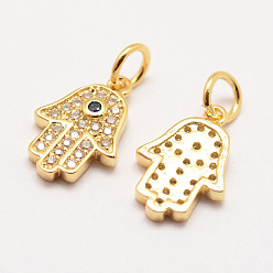 Real 18K Gold Plated Brass Micro Pave Grade AAA Cubic Zirconia Charms, Long-Lasting Plated, Hamsa Hand/Hand of Fatima/Hand of Miriam, Cadmium Free & Nickel Free & Lead Free, Real 18K Gold Plated, 13x9x2mm, Hole: 3mm