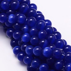 Bleu Moyen  Perles oeil de chat, ronde, bleu moyen, 10mm, Trou: 1.5mm, Environ 40 pcs/chapelet, 15.5 pouce
