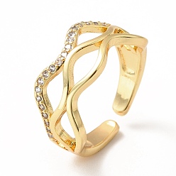 Прозрачный Открытое манжетное кольцо с волной кубического циркония, настоящие позолоченные украшения из латуни для женщин, без свинца и без кадмия, прозрачные, размер США 18 6 (1/2 мм)
