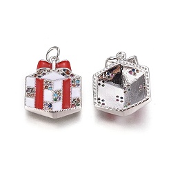 Platinum Brass Cubic Zirconia Pendants, with Enamel and Jump Ring, Christmas Gift Box, Red, Platinum, 19x16x5mm, Hole: 3mm