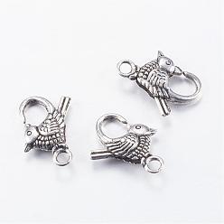 Antique Silver Tibetan Style Alloy Lobster Claw Clasps, Bird, Cadmium Free & Nickel Free & Lead Free, Antique Silver, 21.5x16x5mm, Hole: 2.5mm