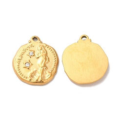 Golden Ion Plating(IP) 304 Stainless Steel Pendants, with Crystal Rhinestone, Flat Round with Mermaid Charms, Golden, 18x16x2mm, Hole: 1.2mm