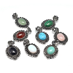 Mixed Stone Natural & Synthetic Gemstone Gothic Pendants, with Antique Silver Plated Zinc Alloy Rhinestone Findings, Oval, Lead Free & Nickel Free, Total Length: 47~48.5mm, Hole: 5x7mm, Oval Pendant: 39~40x27~27.5x7.5~9mm