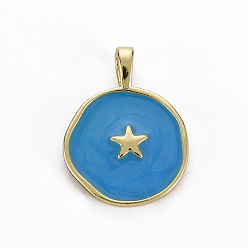 Steel Blue Brass Enamel Pendants, Cadmium Free & Nickel Free & Lead Free, Real 16K Gold Plated, Flat Round with Star, Steel Blue, 20.5x15.5x4.5mm, Hole: 2.5x3mm