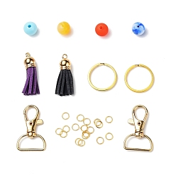 Golden DIY Keychain Making Kits, 60Pcs Round Acrylic Beads, 14Pcs Iron Jump Rings, Split Key Rings and Zinc Alloy Swivel Clasps, 2Pcs Faux Suede Tassel Pendant Decorations, Golden, Beads: 60pcs/set