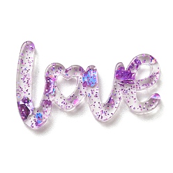 Purple Transparent Acrylic Cabochons, with Sequin, Word LOVE, Purple, 14.5x24x2mm