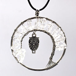 Cristal de Quartz Colliers pendentif arbre de vie en cristal de quartz naturel, collier hibou en laiton avec cordes cirées, 19.69 pouce (50 cm)