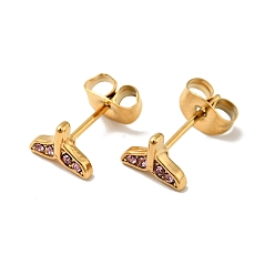 Light Rose Rhinestone Whale Tail Shape Stud Earrings with 316 Surgical Stainless Steel Pins, Gold Plated 304 Stainless Steel Jewelry for Women, Light Rose, 5.5x7.5mm, Pin: 0.8mm