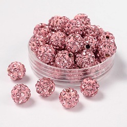 Розовый Pave disco бусины, Бусины со стразами, полимерная глина , круглые, светло-розовый, С. 13 (1.9~2 мм), 5 ряды горный хрусталь, 8 мм, отверстие : 1 мм