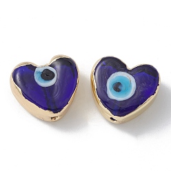 Bleu Perles en laiton, avec l'émail, réel 18 k plaqué or, coeur avec le mauvais œil, bleu, 14.5x16x7mm, Trou: 1.6mm
