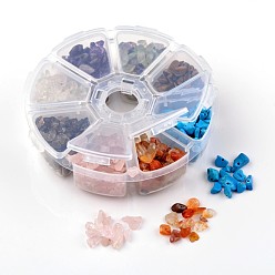 Pierre Mélangete Puce perles de pierres précieuses, Comprend la fluorite naturelle et le quartz rose et l'oeil de tigre et l'améthyste et la cornaline et le cristal de quartz et le quartz fumé et la howlite synthétique, 7~12x5~8x3~5mm, trou: 0.3 mm, environ 560 / boîte