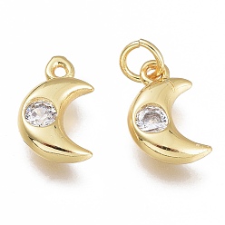 Clear Brass Micro Pave Cubic Zirconia Charms, with Jump Ring, Moon, Golden, Clear, 10x6.5x2.5mm, Hole: 1.5mm, Jump rings: 3.5x0.8mm