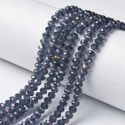 Steel Blue Electroplate Transparent Glass Beads Strands, Half Rainbow Plated, Faceted, Rondelle, Steel Blue, 6x5mm, Hole: 1mm, about 92~94pcs/strand, 17~17.5 inch(42.5~43.75cm)
