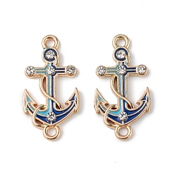 Blue Alloy Enamel Connector Charms, Anchor Links with Crystal Rhinestone, Light Gold, Cadmium Free & Nickel Free & Lead Free, Blue, 23x12x2mm, Hole: 1.6mm