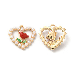 Golden Rack Plating Alloy Enamel Pendants, with Imitation Pearl Beaded, Nickel Free, Heart with Flower Charms, Golden, 18x18x4mm, Hole: 1.6mm