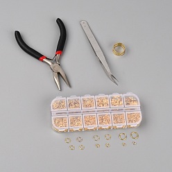 Golden DIY Jewelry Making Accessories Set, Including Pliers, Tweezers, Easy Jump Ring Opener, Iron Open Jump Ring, Golden, 129x53x15.5mm
