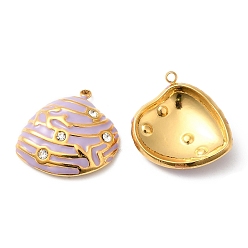 Lilac 304 Stainless Steel Rhinestone Pendants, with Enamel, Shell Charms, Golden, Lilac, 19.5x19x5mm, Hole: 1.2mm
