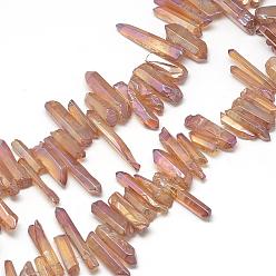 Light Coral Natural Quartz Crystal Beads Strands, Rainbow Plated, Nuggets, Light Coral, 10~36x4~10x4~10mm, Hole: 1mm, about 51pcs/strand, 15.35 inch(39cm)