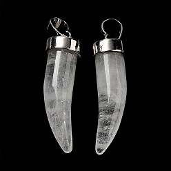 Quartz Crystal Natural Quartz Crystal Pendants, Horn Charms, with Rack Plating Platinum Plated Brass Snap on Bails, 34~36x10mm, Hole: 8x5mm
