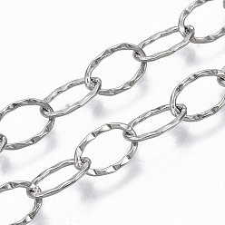 Stainless Steel Color 304 Stainless Steel Cable Chains, Textured, Soldered, Flat Oval, Stainless Steel Color, 8.5x6x1mm, about 39.37 inch(1m)/strand