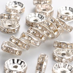 Argent Séparateurs perles en verre avec strass en laiton, Grade b, clair, couleur argent plaqué, taille: environ 10mm de diamètre, 4 mm d'épaisseur, trou: 2 mm