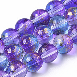 Violet Bleu Transparentes peint à la bombe des brins de billes de verre, avec une feuille d'or, ronde, bleu violet, 6~7mm, Trou: 1.2~1.5mm, Environ 65~67 pcs/chapelet, 14.76 pouces ~ 15.12 pouces (37.5~38.4 cm)