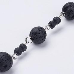 Lava Rock Natural Lava Rock Handmade Beaded Chains, Unwelded, with Iron Eye Pin and Lava Rock Beads, Platinum, 39.37 inch, 1m/strand