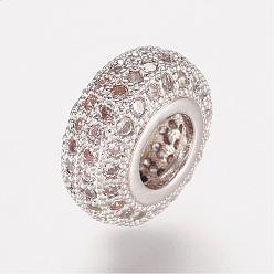 Platine Micro cuivres ouvrent zircone cubique perles européennes, rondelle, platine, 10x4.5mm, Trou: 4.5mm