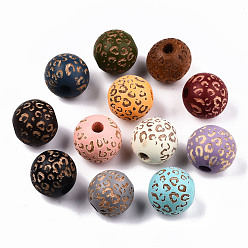 Mixed Color Painted Natural Wood Beads, Laser Engraved Pattern, Round with Leopard Print, Mixed Color, 15~16x15mm, Hole: 4mm