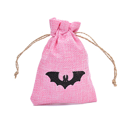 Hot Pink Halloween Burlap Packing Pouches, Drawstring Bags, Rectangle with Bat Pattern, Hot Pink, 15x10cm