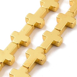 Golden Plated Electroplated Non-magnetic Synthetic Hematite Beads Strands, Religion Cross, Golden Plated, 14x10x4mm, Hole: 1mm, about 28pcs/strand, 15.75 inch(40cm)