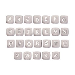 Gris 26 piezas 26 cuentas de alfabeto de silicona de estilo para hacer pulseras o collares, estilo de letra, cubo, gris, 12x12x12 mm, agujero: 3 mm, 1 pc / estilo