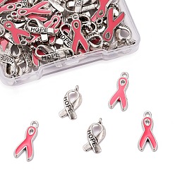 Mixed Color 50Pcs 2 Styles Alloy Enamel Pendants, Platinum Plated October Breast Cancer Pink Awareness Ribbon & Antique Silver Plated Awareness  Ribbon with Word Hope, 19x8x1mm & 19x8x3mm, Hole: 2mm, 25Pcs/Style
