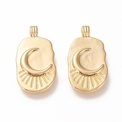 Real 20K Gold Plated Brass Pendants, Long-Lasting Plated, Oval with Moon, Real 18K Gold Plated, 26.5x14x2.5mm, Hole: 3x1.5mm