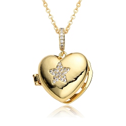 Star Brass Micro Pave Cubic Zirconia Locket Necklace, Picture Photo Necklace for Mother's Day, Star, 16.14~19.69 inch(41~50cm), Pendant: 20x23mm