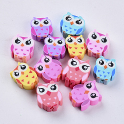 Mixed Color Handmade Polymer Clay Beads, Owl, Mixed Color, 9~12x9~10x4~5mm, Hole: 1.6mm