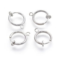 Real Platinum Plated Brass Clip-on Hoop Earrings, For Non-pierced Ears, with Spring Findings, Nickel Free, Real Platinum Plated, 16.5~17x12.5x4mm, Hole: 1~1.5mm