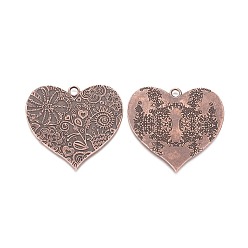 Red Copper Tibetan Style Carved Flower Heart Alloy Big Pendants, Nickel Free, Red Copper, 53x58x2mm, Hole: 4mm