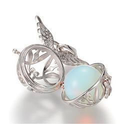Platinum Alloy Cage Pendants, with Opalite, Round with Wing, Platinum, 28x30x21mm, Hole: 7x3mm
