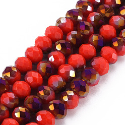 Red Electroplate Opaque Glass Beads Strands, Half Purple Plated, Faceted, Rondelle, Red, 8x6mm, Hole: 1mm, about 65~68pcs/strand, 15.7~16.1 inch(40~41cm)