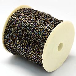 Dark Goldenrod Plated Bugle Bead Cords, with Polyester Cords, with Random Color Spools and Nylon Cords, Round Hole, Dark Goldenrod, 1.5~3x1.5~2mm, about 100yards/roll(300 feet/roll)