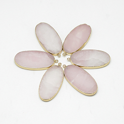 Quartz Rose Naturelle quartz rose gros pendentifs, ovale, avec les accessoires en laiton de tonalité d'or, 52~56x24~26x4~6mm, Trou: 2mm