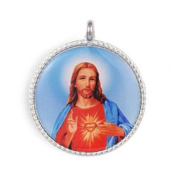 Небесно-голубой Плоские круглые подвески из сплава с узором Иисуса, платина, голубой, 35x30x2 мм, отверстие : 2 мм