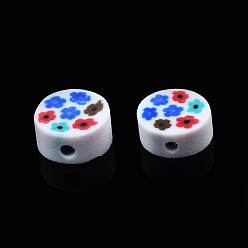 Colorful Handmade Polymer Clay Beads, Flat Round with Flower, Colorful, 9~10x4~4.5mm, Hole: 1.2~1.8mm