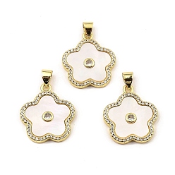 Seashell Color Rack Plating Real 18K Gold Plated Brass Pendants, with Cubic Zirconia and Shell, Long-Lasting Plated, Lead Free & Cadmium Free, Flower, Seashell Color, 21x18x2.5mm, Hole: 5x3.5mm